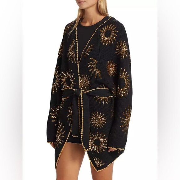 NWT Farm Rio Sun Sequin Cardigan in Sunny Mood Black Belted Long Knit Sweater M - Picture 8 of 8